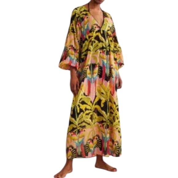 Rare Boden Empire Maxi Kaftan Layering Dress 8P Paradise Parrot Semi-Sheer Boho - Picture 3 of 16